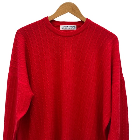 Vintage Burberry Made in England 100% Pure Wool Cableknit Crewneck Cardigan Red - Picture 2 of 10
